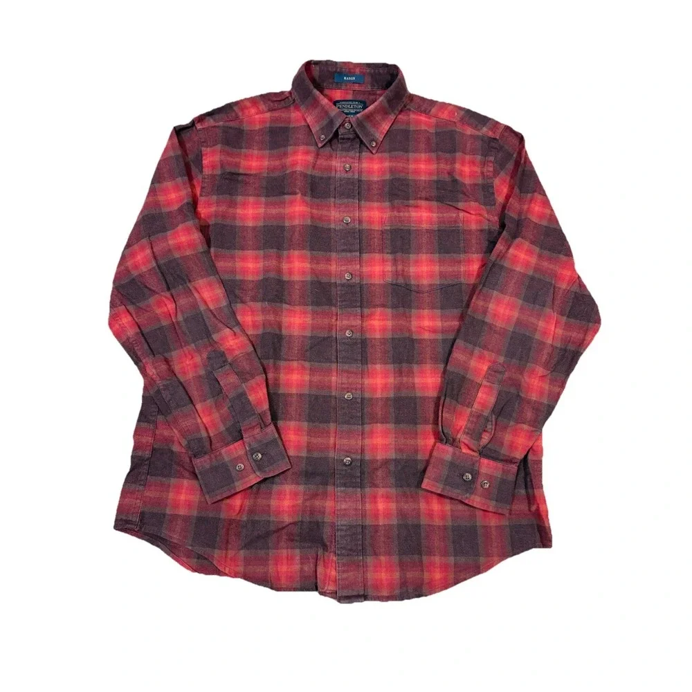 Pendleton Mason Flannel Shirt Mens L Red Burgundy Plaid Excellent Cotton‎ Button